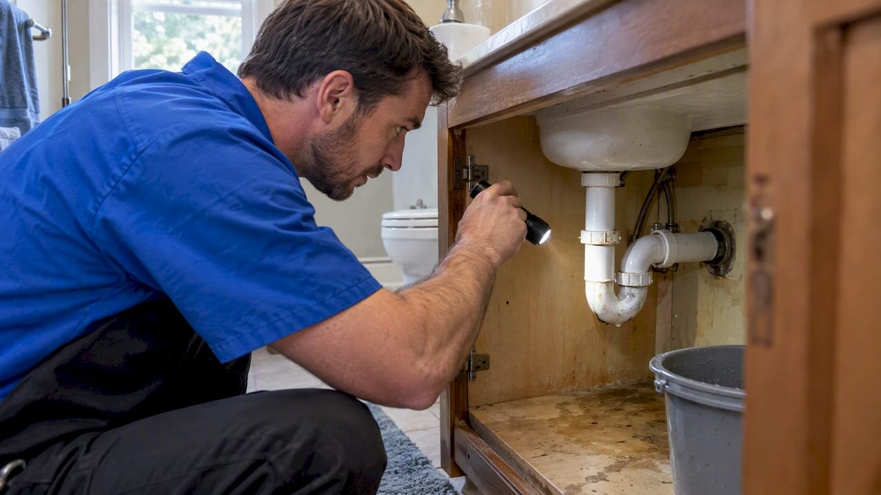 Technician inspecting damp under-sink plumbing
