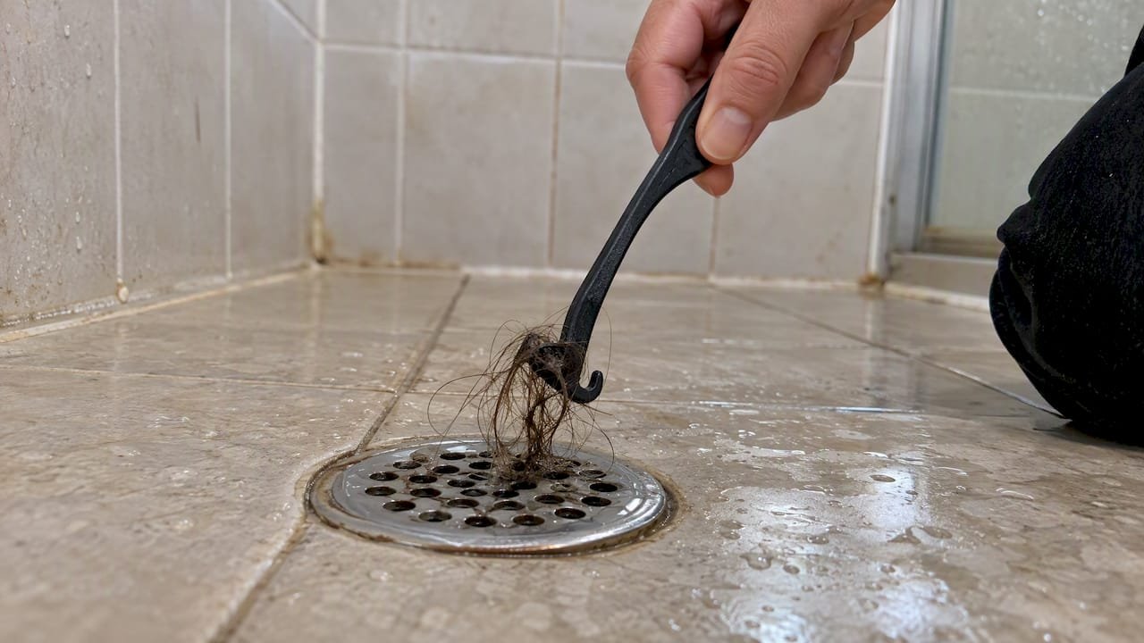 Plastic hook lifting hair from shower drain