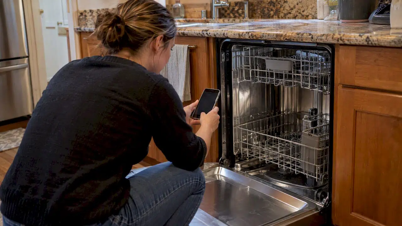 Homeowner photographing dishwasher before disassembly