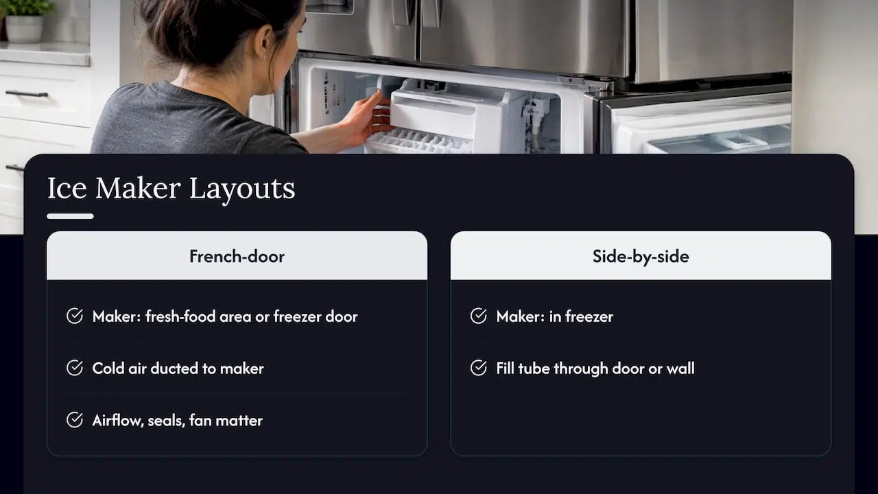 Diagram comparing GE refrigerator ice maker layouts