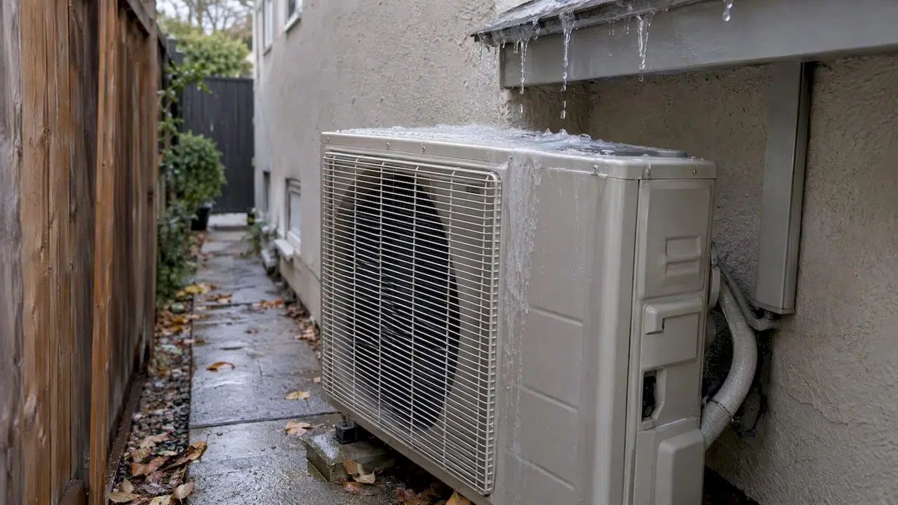 Outdoor condenser beneath a roof drip line