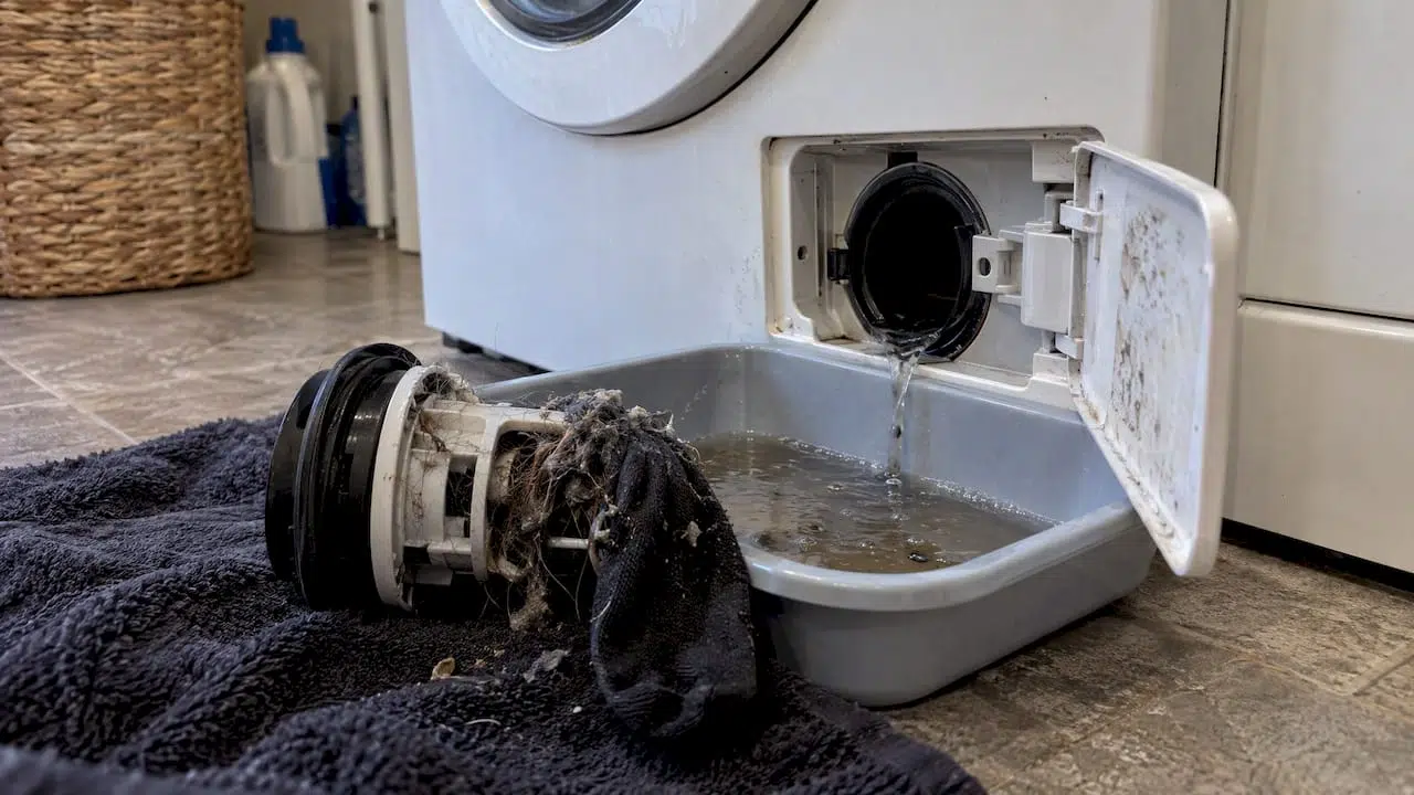 Open washer filter draining into a shallow pan