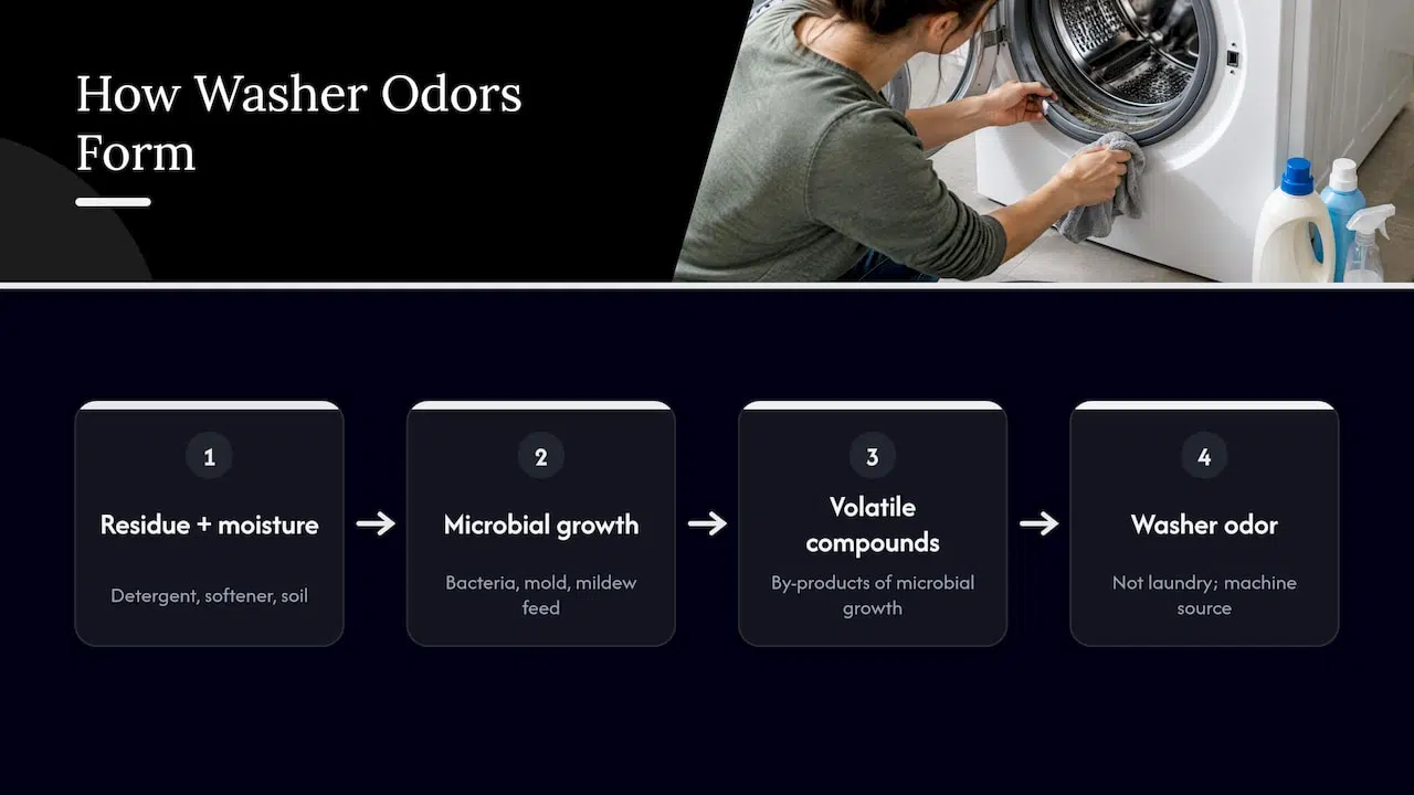 Residue and moisture contributing to washer odors